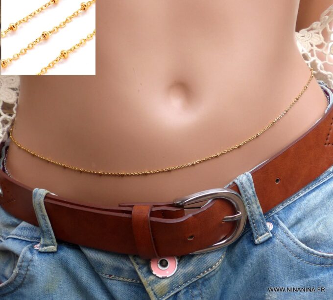 N6338 Chaine de taille fantaisie Acier inoxydable doré maille satellite - Bijoux Chaines en ligne Ninanina