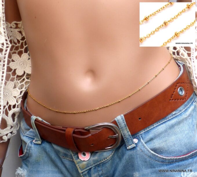 N6338a Chaine de taille fantaisie Acier inoxydable doré maille satellite - Bijoux Chaines en ligne Ninanina