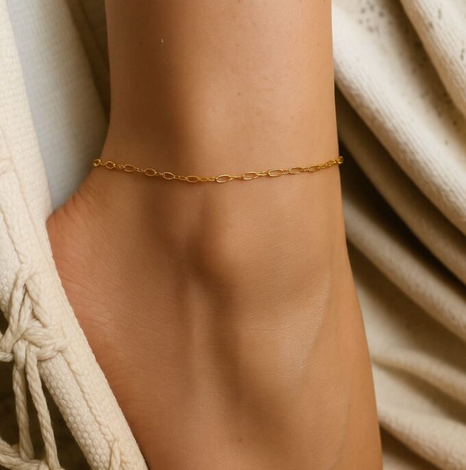 N6344a Chaine de cheville artisanale Plaqué Or 14 carats gold filled maille fantaisie - Bijoux de pieds en ligne Ninanina