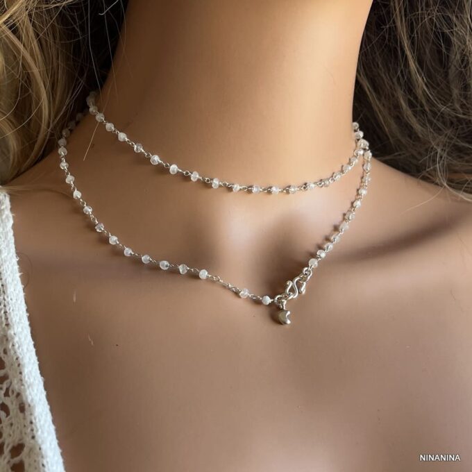 N6353c Sautoir Pierre de Lune Argent 925 fermoir symbole infini - Bijoux Colliers Sautoirs originaux et tendance en ligne Ninanina