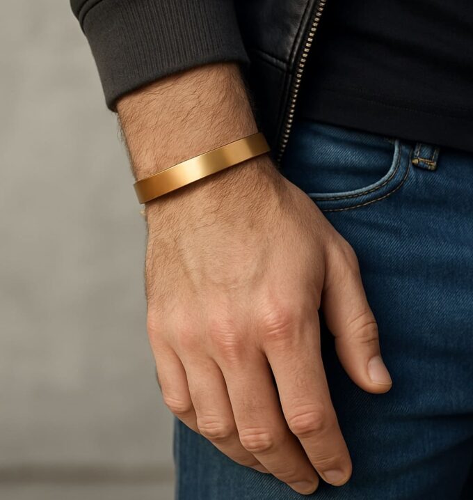 N6362a Bracelet manchette doré Acier inoxydable or homme 8mm de large - Bijoux Bracelets manchettes dorés en ligne Ninanina