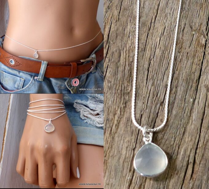 N6363 chaine de taille argent 925 et pendentif à facettes pierre de lune - Bijoux Chaines en ligne Ninanina