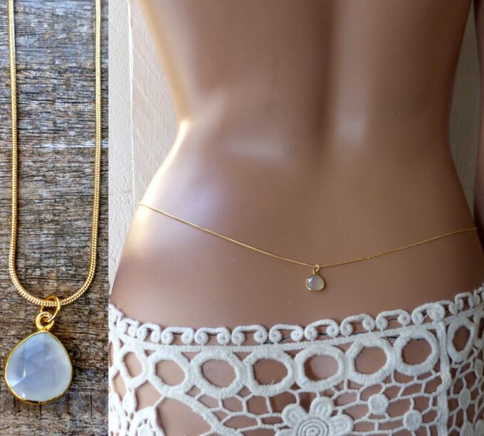 N6363 Chaine de taille chaine serpent plaqué or pendentif à facettes Pierre de Lune - Bijoux Chaines en ligne Ninanina