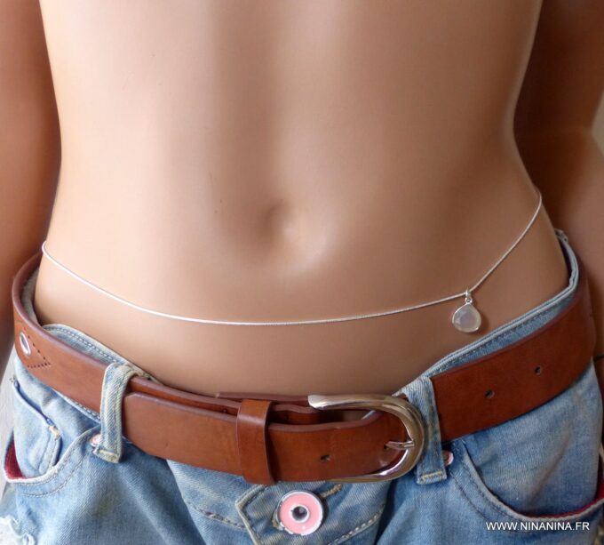 N6363a chaine de taille argent 925 et pendentif à facettes pierre de lune - Bijoux Chaines en ligne Ninanina