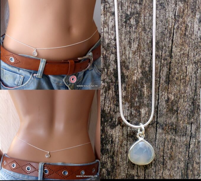 N6363b chaine de taille argent 925 et pendentif à facettes pierre de lune - Bijoux Chaines en ligne Ninanina