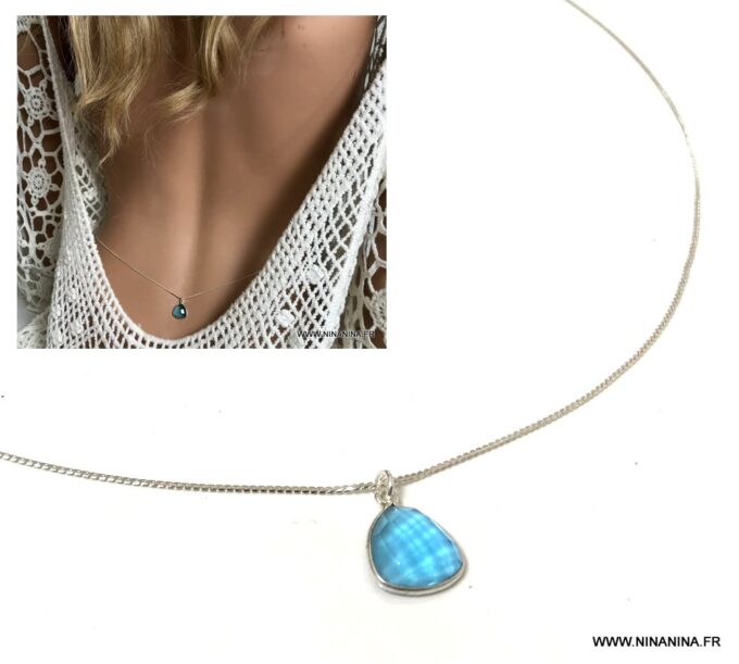 N6366a Pendentif topaze bleu sur Chaine de taille Argent 925 - Bijoux chaines en ligne Ninanina