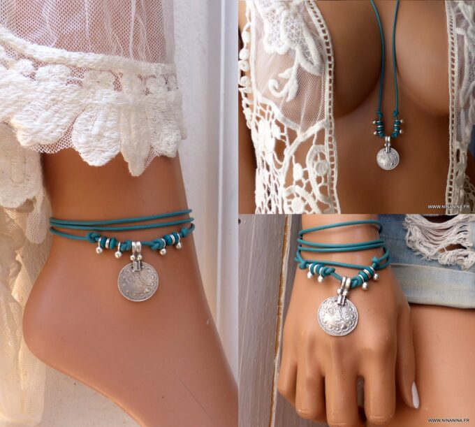 N6371 Bracelet de cheville ethnique cordon cuir et argent plaqué - Bijoux Bracelets en ligne Ninanina