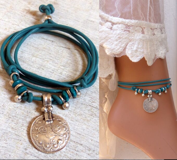 N6371a Bracelet de cheville ethnique cordon cuir et argent plaqué - Bijoux Bracelets en ligne Ninanina