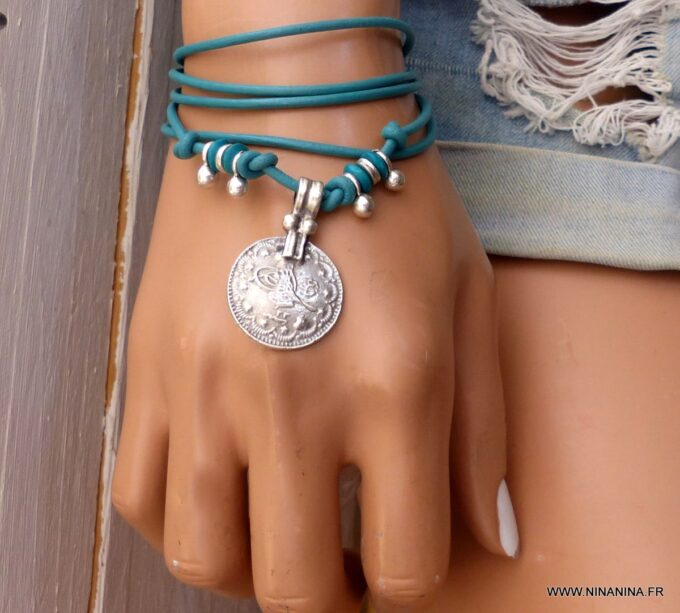 N6371c Bracelet de cheville ethnique cordon cuir et argent plaqué - Bijoux Bracelets en ligne Ninanina