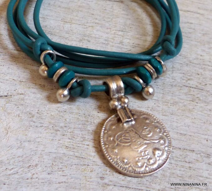 N6371d Bracelet de cheville ethnique cordon cuir et argent plaqué - Bijoux Bracelets en ligne Ninanina