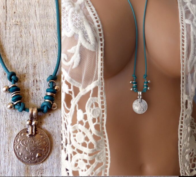 N6371f Bracelet de cheville ethnique cordon cuir et argent plaqué - Bijoux Bracelets en ligne Ninanina