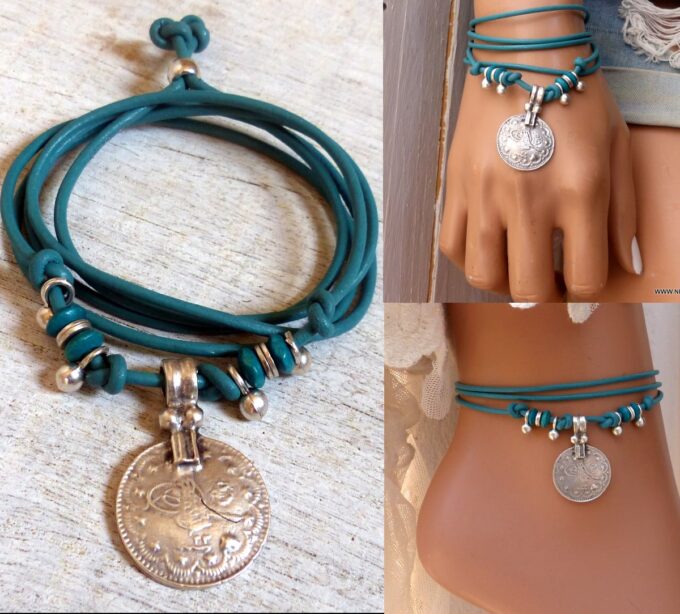 N6371g Bracelet de cheville ethnique cordon cuir et argent plaqué - Bijoux Bracelets en ligne Ninanina