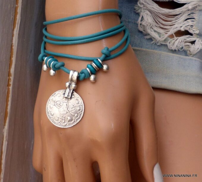 N6371h Bracelet de cheville ethnique cordon cuir et argent plaqué - Bijoux Bracelets en ligne Ninanina