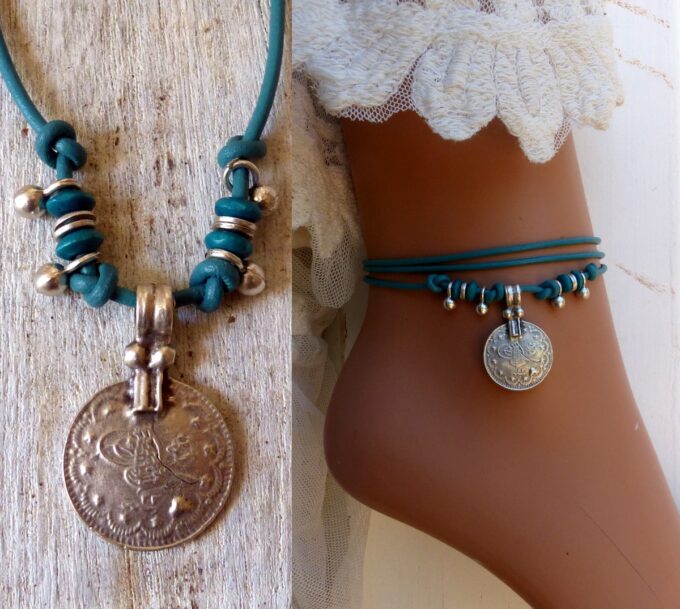 N6371i Bracelet de cheville ethnique cordon cuir et argent plaqué - Bijoux Bracelets en ligne Ninanina