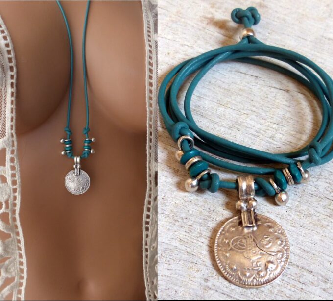 N6371j Bracelet de cheville ethnique cordon cuir et argent plaqué - Bijoux Bracelets en ligne Ninanina