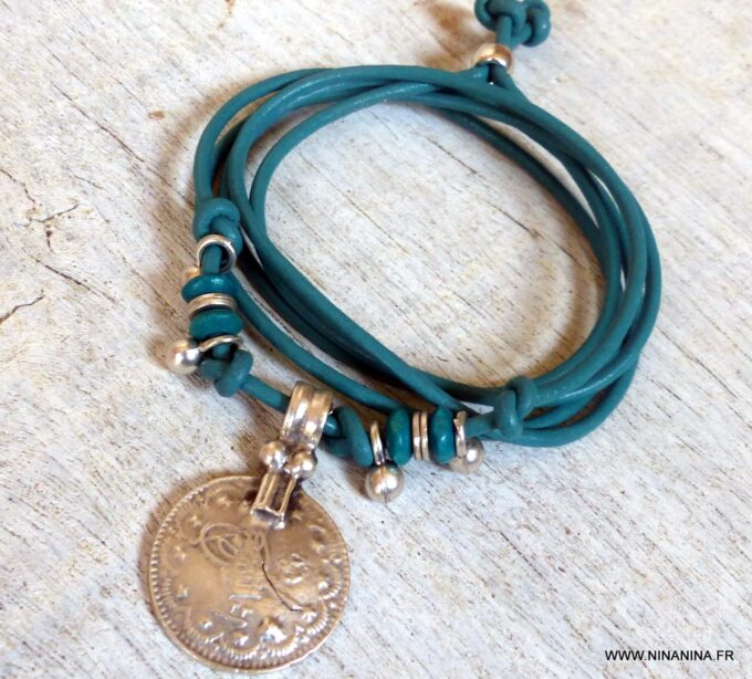 N6371m Bracelet de cheville ethnique cordon cuir et argent plaqué - Bijoux Bracelets en ligne Ninanina