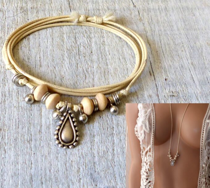 N6372g Bracelet de cheville ethnique cordon et argent plaqué - Bijoux Bracelets en ligne Ninanina
