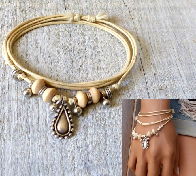 N6372i Bracelet de cheville ethnique cordon et argent plaqué - Bijoux Bracelets en ligne Ninanina