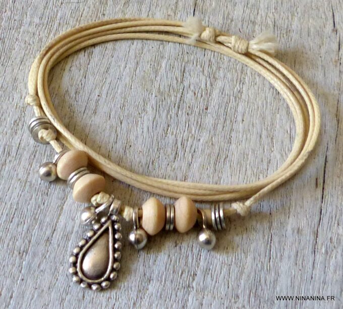 N6372l Bracelet de cheville ethnique cordon et argent plaqué - Bijoux Bracelets en ligne Ninanina