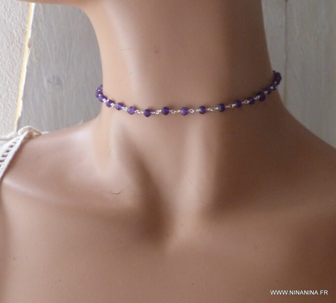 N6374a Collier ras de cou Argent 925 massif Infini Améthyste - Bijoux Colliers en ligne Ninanina