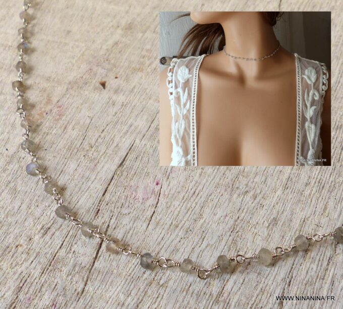 N6374a Collier ras de cou Argent 925 massif Infini pierres Labradorite - Bijoux Colliers en ligne Ninanina