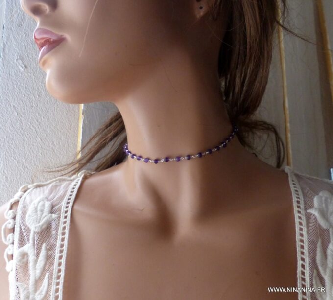N6374b Collier ras de cou Argent 925 massif Infini Améthyste - Bijoux Colliers en ligne Ninanina