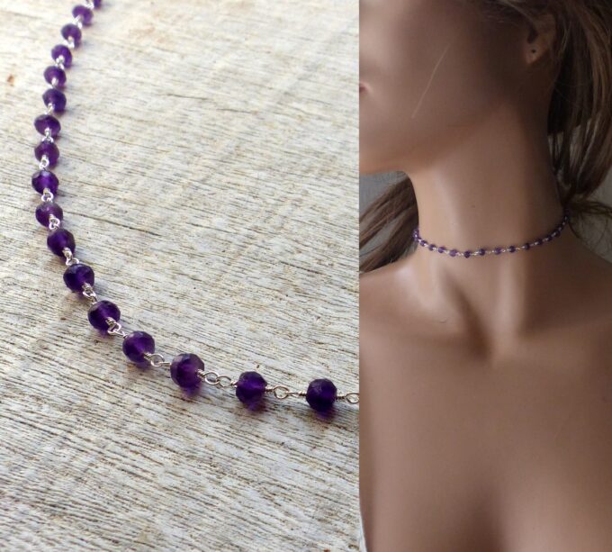 N6374c Collier ras de cou Argent 925 massif Infini Améthyste - Bijoux Colliers en ligne Ninanina