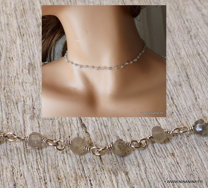 N6374c Collier ras de cou Argent 925 massif Infini pierres Labradorite - Bijoux Colliers en ligne Ninanina