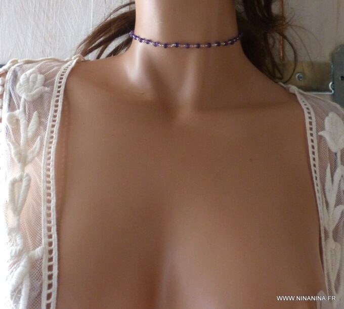 N6374d Collier ras de cou Argent 925 massif Infini Améthyste - Bijoux Colliers en ligne Ninanina