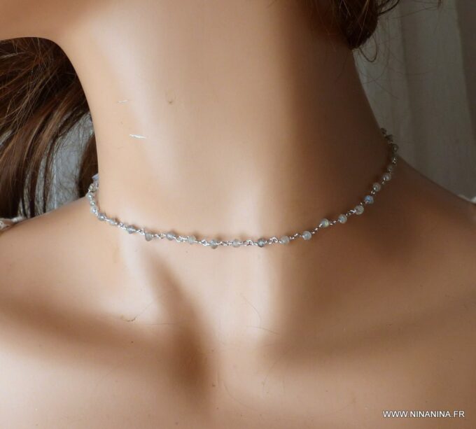 N6374d Collier ras de cou Argent 925 massif Infini pierres Labradorite - Bijoux Colliers en ligne Ninanina