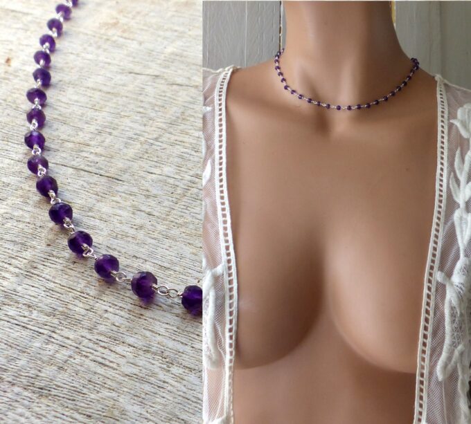 N6374e Collier ras de cou Argent 925 massif Infini Améthyste - Bijoux Colliers en ligne Ninanina