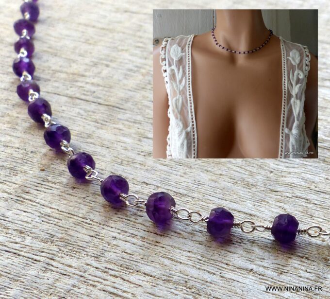 N6374g Collier ras de cou Argent 925 massif Infini Améthyste - Bijoux Colliers en ligne Ninanina