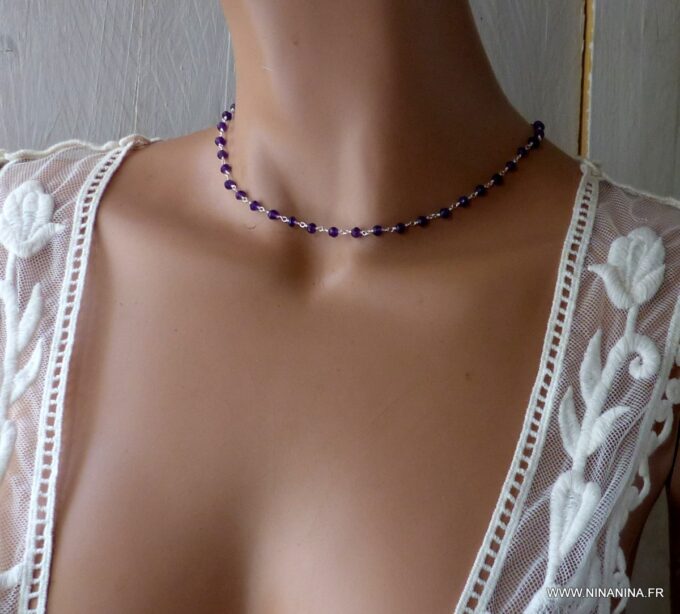 N6374h Collier ras de cou Argent 925 massif Infini Améthyste - Bijoux Colliers en ligne Ninanina