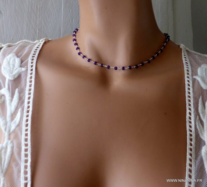 N6374k Collier ras de cou Argent 925 massif Infini Améthyste - Bijoux Colliers en ligne Ninanina