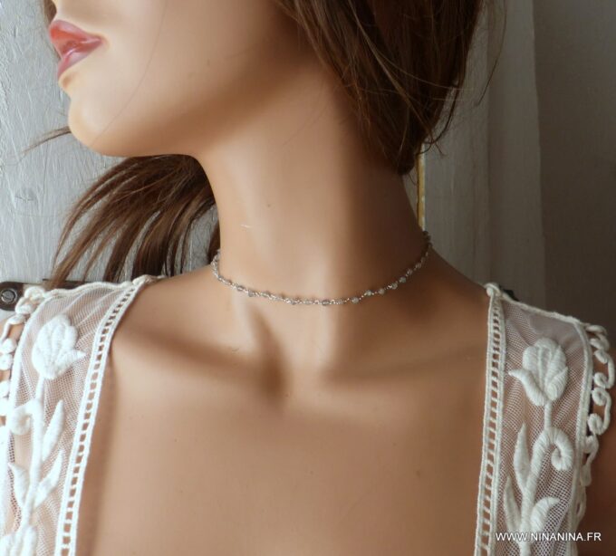 N6379 Collier ras de cou Argent 925 massif Infini pierres Labradorite - Bijoux Colliers en ligne Ninanina - Copie