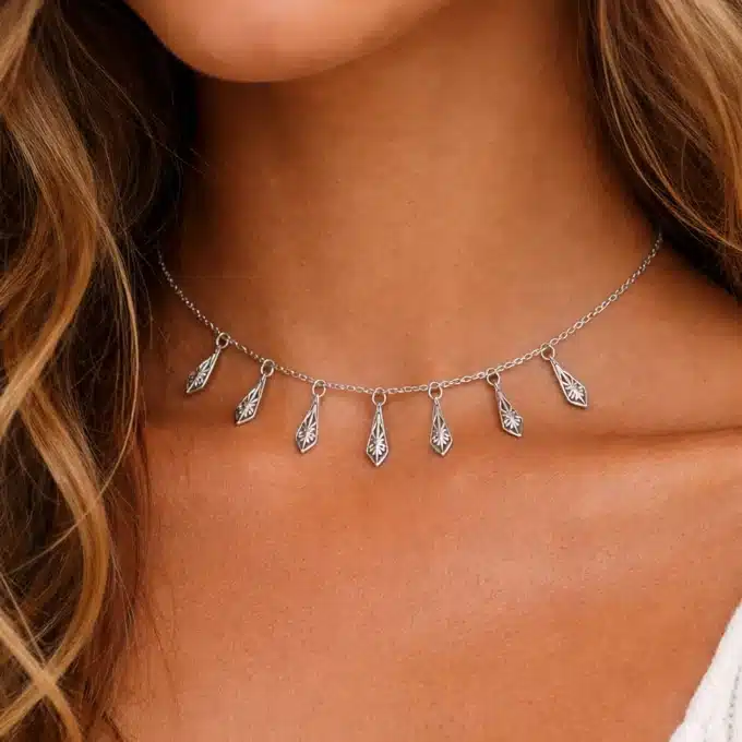 N6382 Collier Ethnique Argent Femme - Pendentifs Goutte Pointe Tribale - Bijoux colliers femmes en ligne Ninanina