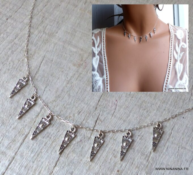 N6382a Collier ethnique femme argent 925 pendentifs triangle - Bijoux Colliers en ligne Ninanina