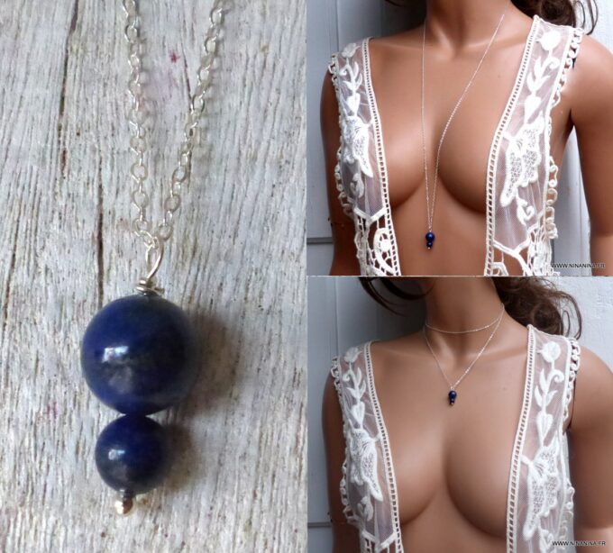 N6383 Collier long sautoir Chaine Argent 925 pendentif Lapis Lazuli - Bijoux Colliers en ligne Ninanina