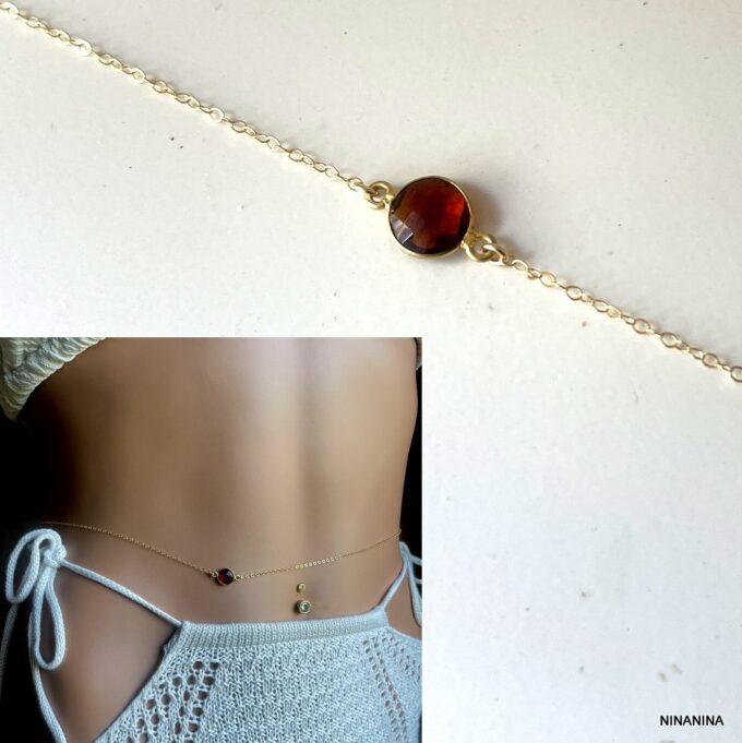 N6389b Chaine de taille Plaqué Or et Grenat rouge naturel - Bijoux de corps femmes en ligne Ninanina