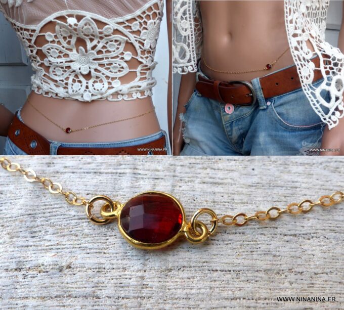 N6389d Chaîne de taille plaqué or cabochon grenat rouge naturelle véritable - Bijoux Chaines en ligne NINANINA
