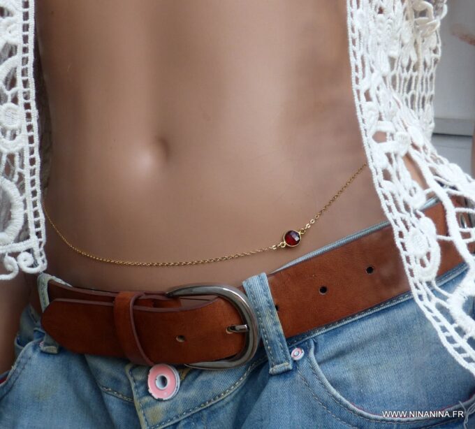 N6389m Chaîne de taille plaqué or cabochon grenat rouge naturelle véritable - Bijoux Chaines en ligne NINANINA