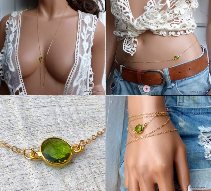 N6390a Chaîne de taille plaqué or cabochon péridot vert naturel véritable - Bijoux Chaines en ligne NINANINA