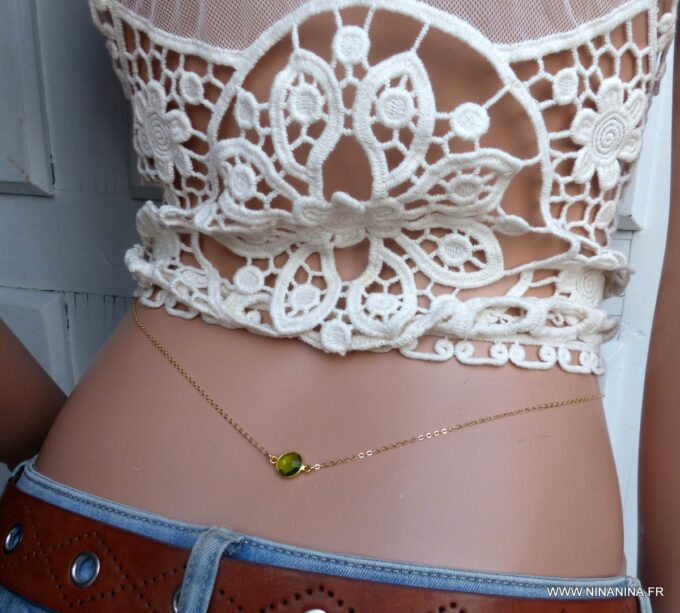 N6390c Chaîne de taille plaqué or cabochon péridot vert naturel véritable - Bijoux Chaines en ligne NINANINA