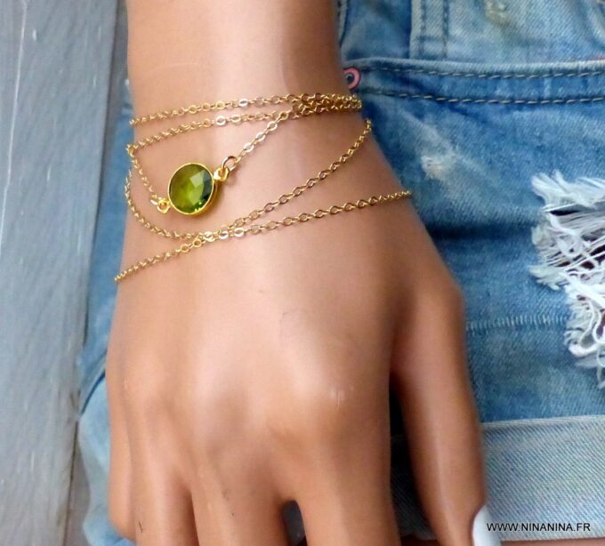 N6390d Chaîne de taille plaqué or cabochon péridot vert naturel véritable - Bijoux Chaines en ligne NINANINA