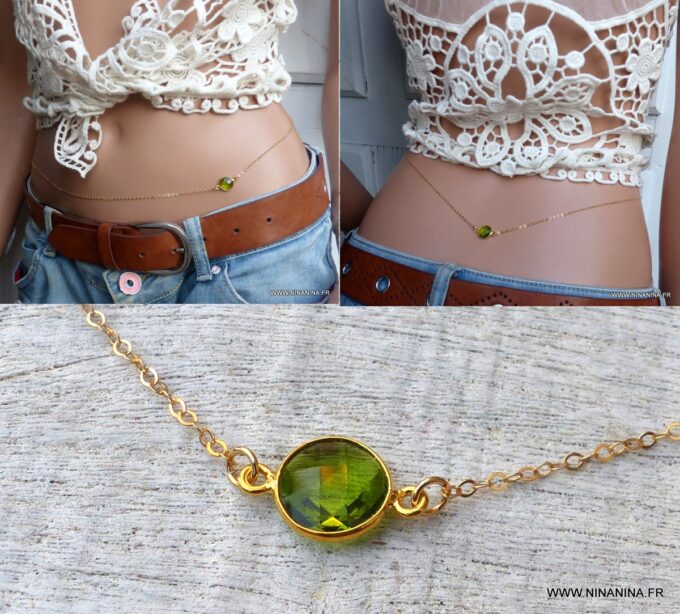 N6390e Chaîne de taille plaqué or cabochon péridot vert naturel véritable - Bijoux Chaines en ligne NINANINA