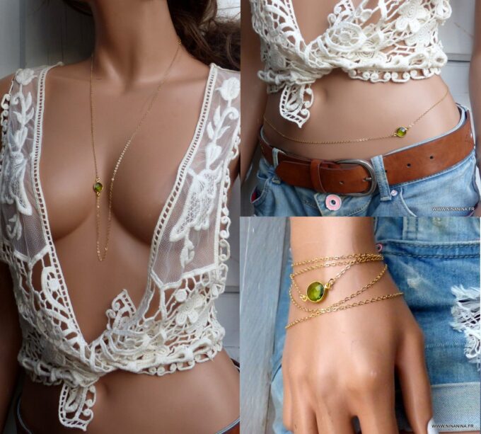 N6390f Chaîne de taille plaqué or cabochon péridot vert naturel véritable - Bijoux Chaines en ligne NINANINA
