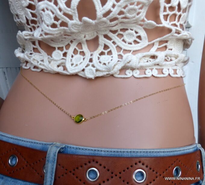 N6390i Chaîne de taille plaqué or cabochon péridot vert naturel véritable - Bijoux Chaines en ligne NINANINA