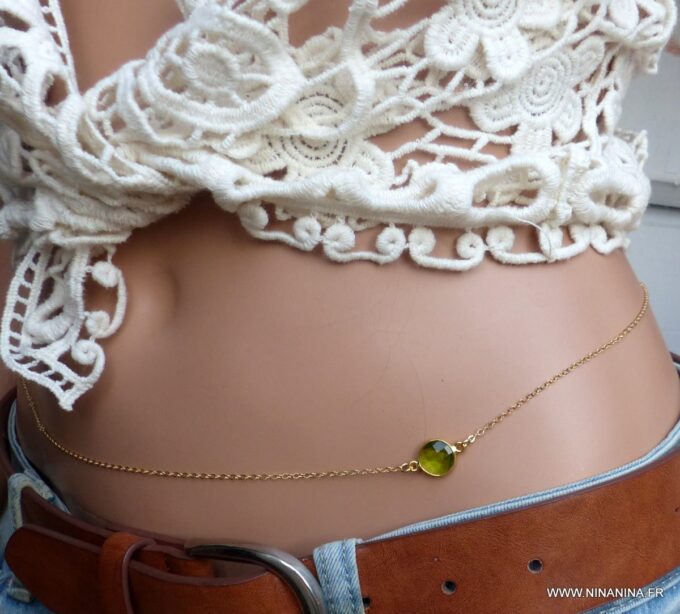 N6390j Chaîne de taille plaqué or cabochon péridot vert naturel véritable - Bijoux Chaines en ligne NINANINA