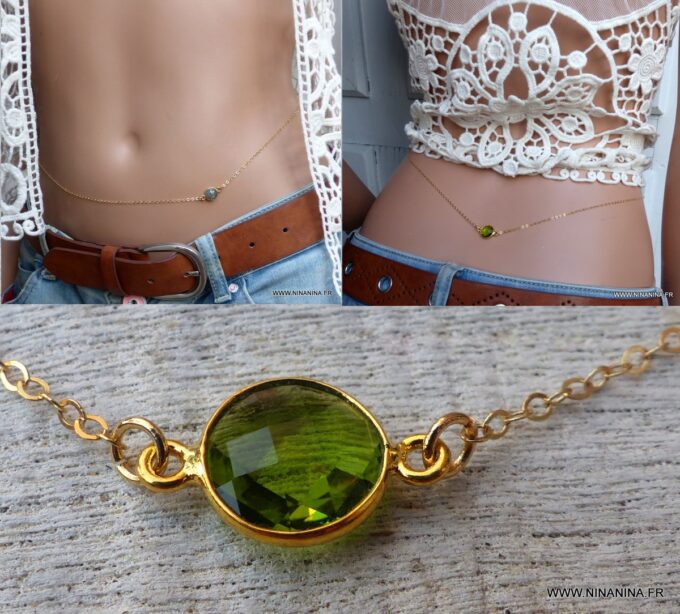 N6390m Chaîne de taille plaqué or cabochon péridot vert naturel véritable - Bijoux Chaines en ligne NINANINA