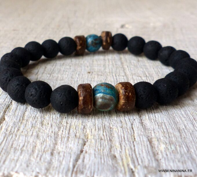 N6392 Bracelet pierre de lave homme et perle en turquoise naturelle - Bijoux Bracelets en ligne Ninanina